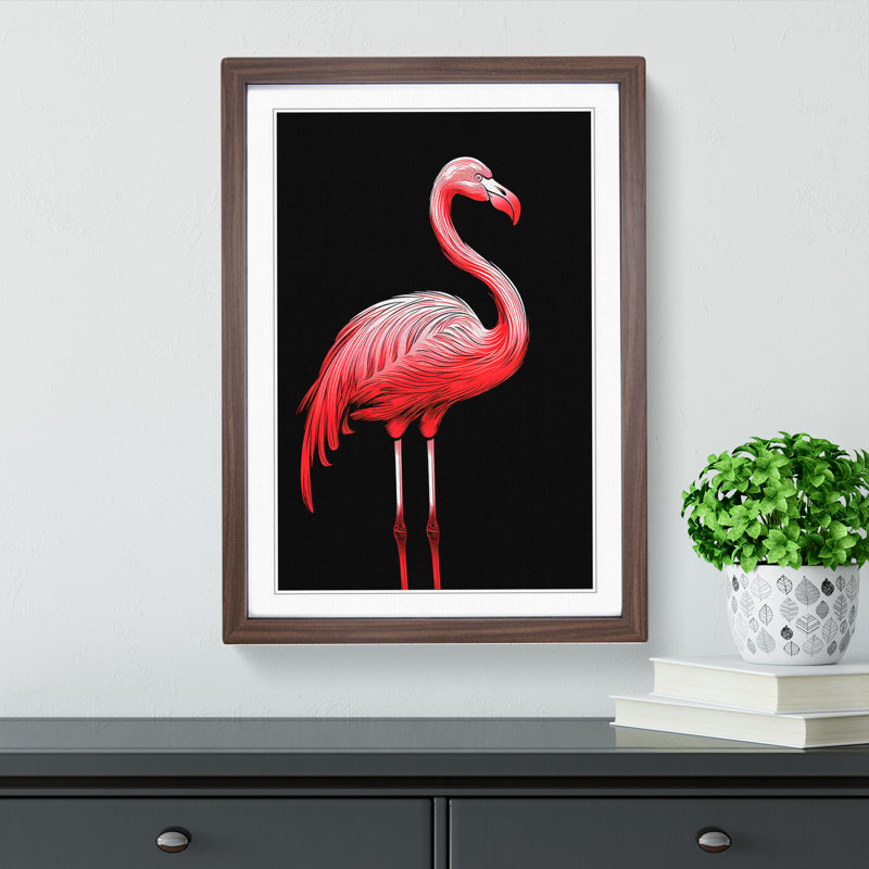 Flamingo Line No.2 - Single Picture Frame Print on Wood, Walnut Framed, 34cm H x 25cm W