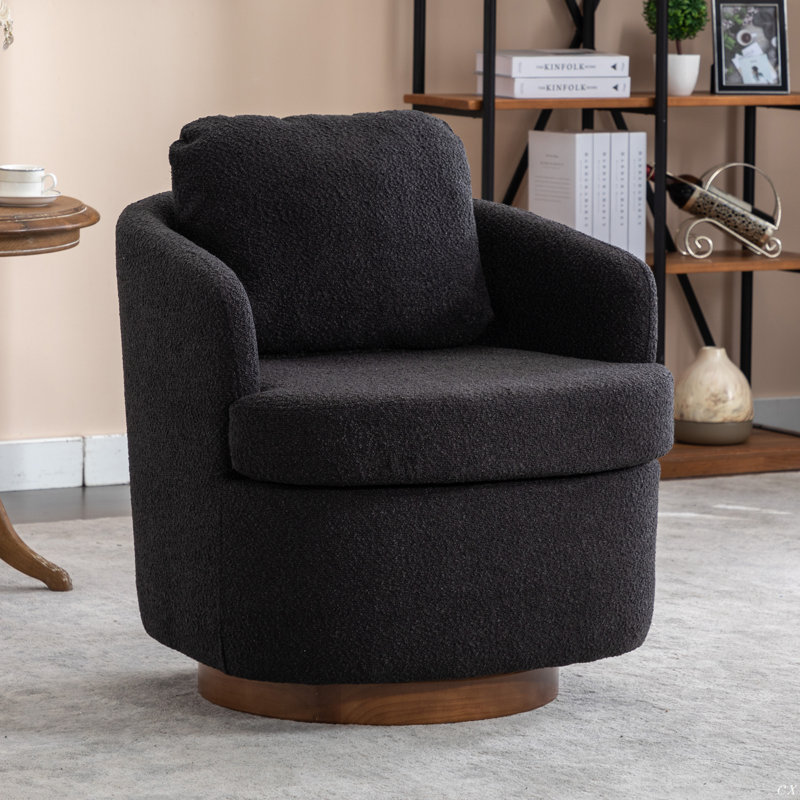 Markysha Upholstered Swivel Barrel Chair, Black Boucle