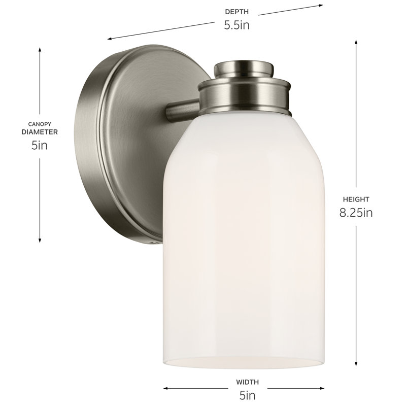 Applique murale 1 lumière 8,25 po avec verre opale blanc, Nickel brossé