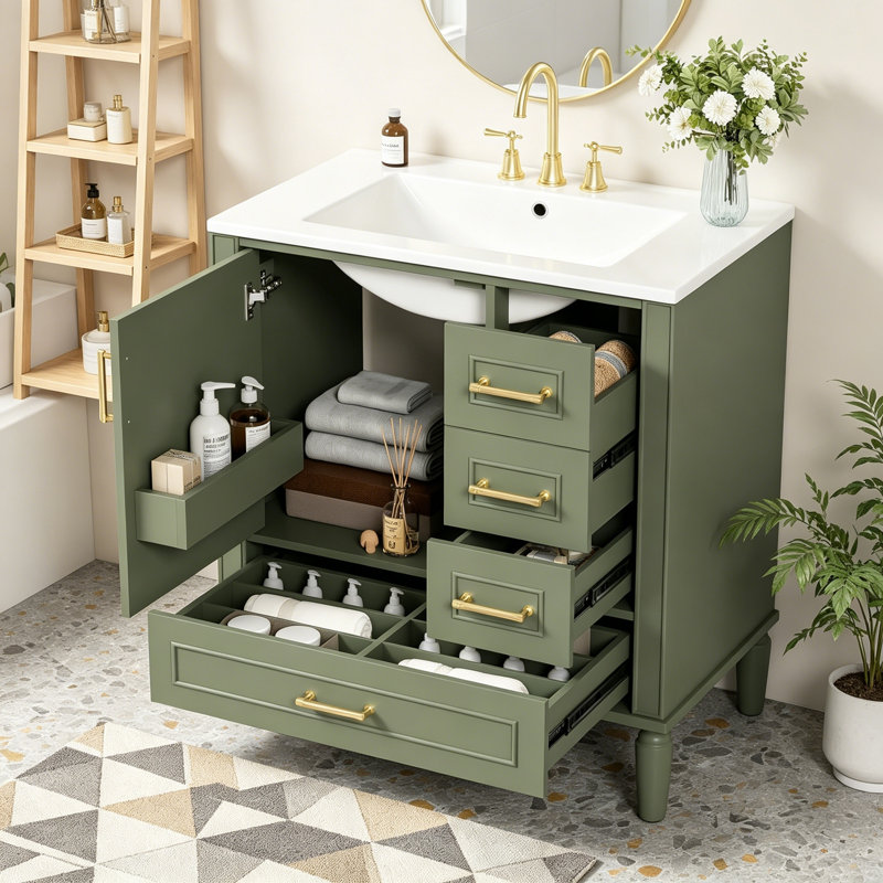 Ensemble de meuble-lavabo avec trois tiroirs, portes à fermeture douce et poignées en métal, Olive Green