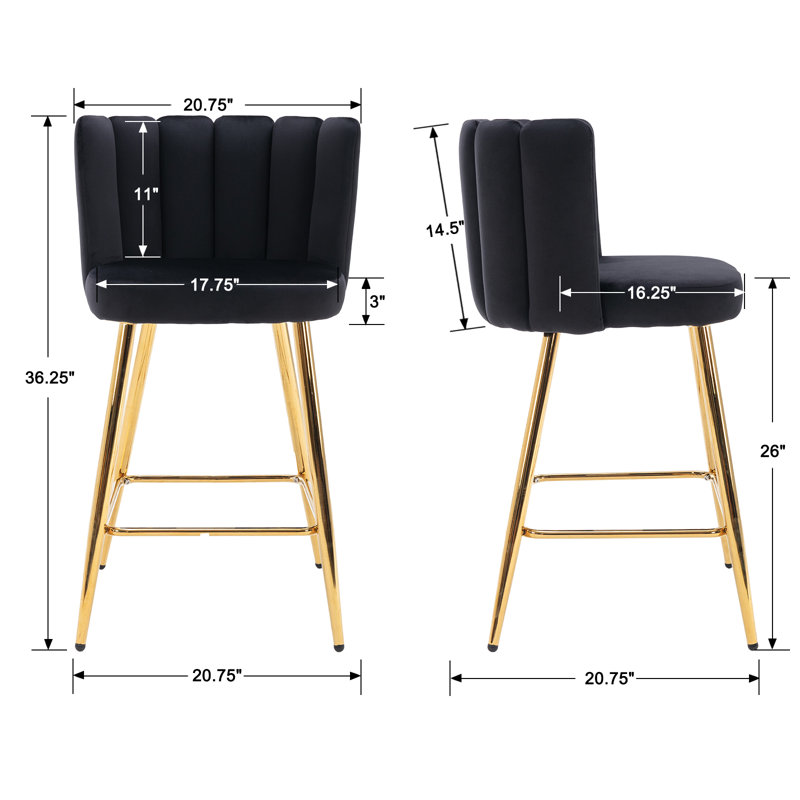 Latefa Upholstered Counter Stool with Iron Frame, Black Fabric/Gold Frame