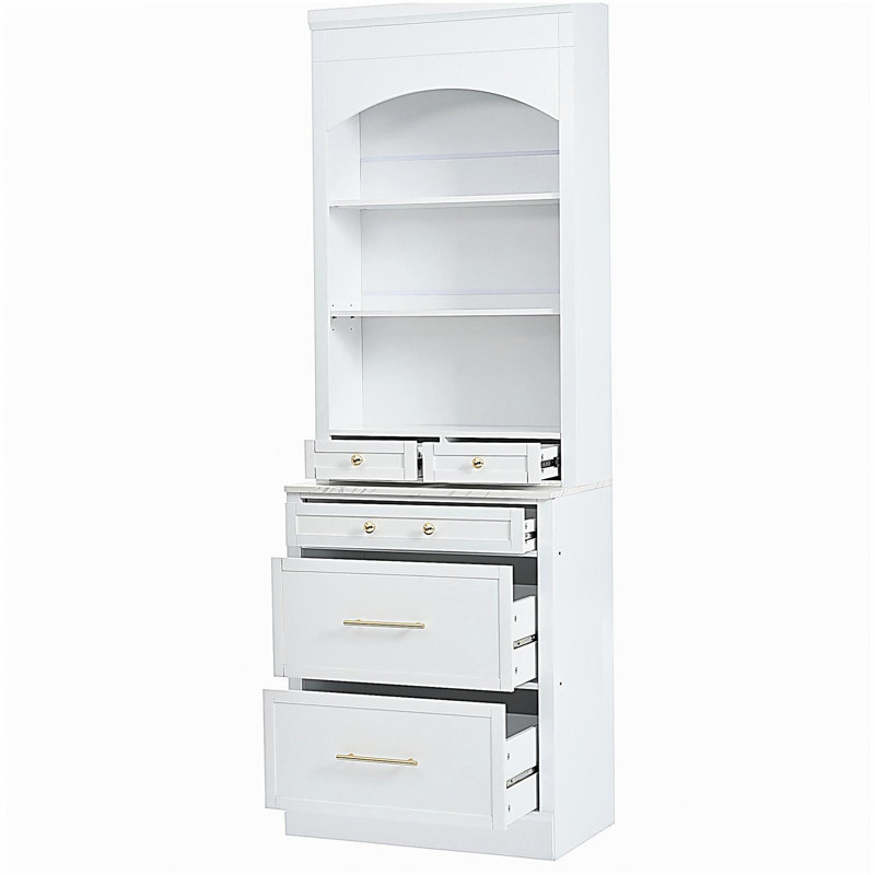 [Provided Assembly Video] TOPMAX modern 83.7-inch high kitchen storage cabinet, independent high kitchen tall cabinet, marble top surface, with 5 storage drawers and adjustable shelves, 2 sets, white