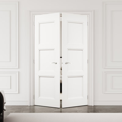 48" x 80" 3-Panel Molded Solid Interior French Door with Silver Hardware & Latch & Door Lever, Solid Core Door Slab, Paintable & Waterproof, Suit for Laundry, Closet Doors, Room Doors, Assembly Required