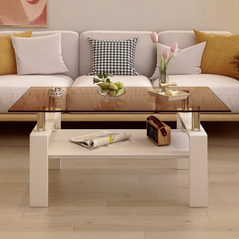 Table basse rectangulaire de salon en verre trempé avec plateau en MDF et verre brun, Blanc, Brun
