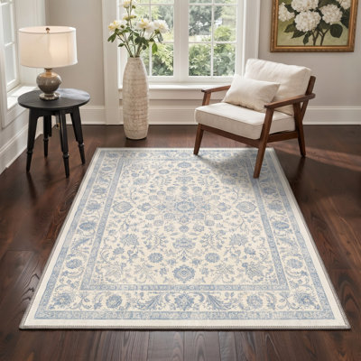 Machine Washable Oriental Ivory / Blue Hallway Runner With Non-Slip Backing