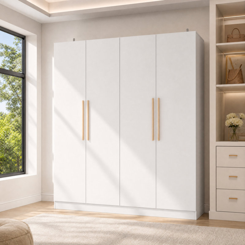 Armoire blanche 71 "à 4 portes avec tablettes et tringle