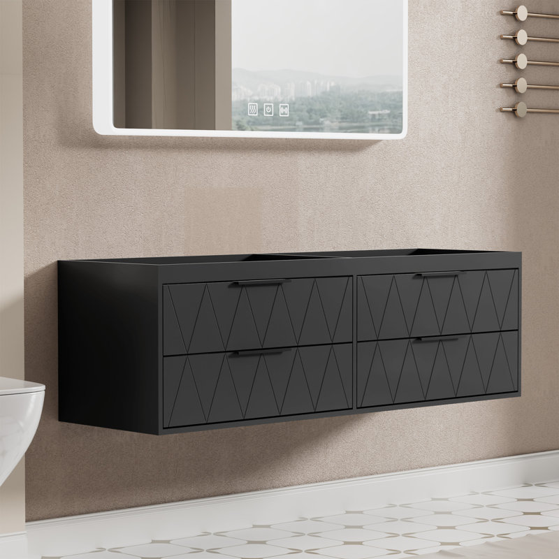60" Modern Wall-Mount Double Sink Bathroom Vanity Base Only, Painted Floating Cabinet, Soft-close Drawers, Black