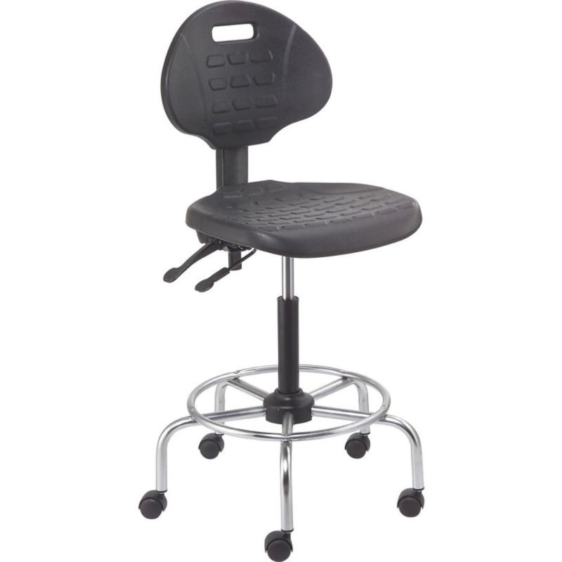 Backed Adjustable Height Ergonomic Industrial Stool with Footring Pedestal Base