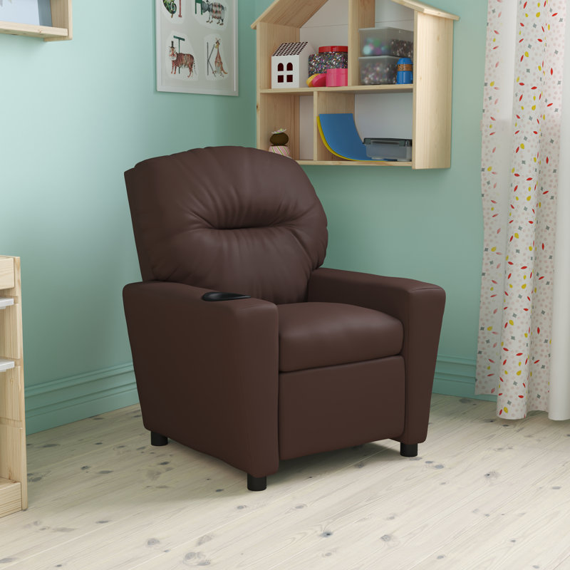 Contemporary Kids Recliner with Cup Holder, Leather - Brown