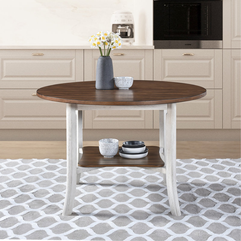 Round Dining Table, 45.7 Inch Modern Farmhouse, Antique Dark Oak And White, Storage Shelf