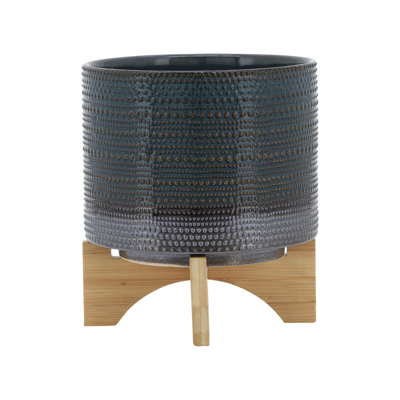 Jardinière en céramique 8 po avec plateforme en bois - Polyvalente pour le jardin et le salon