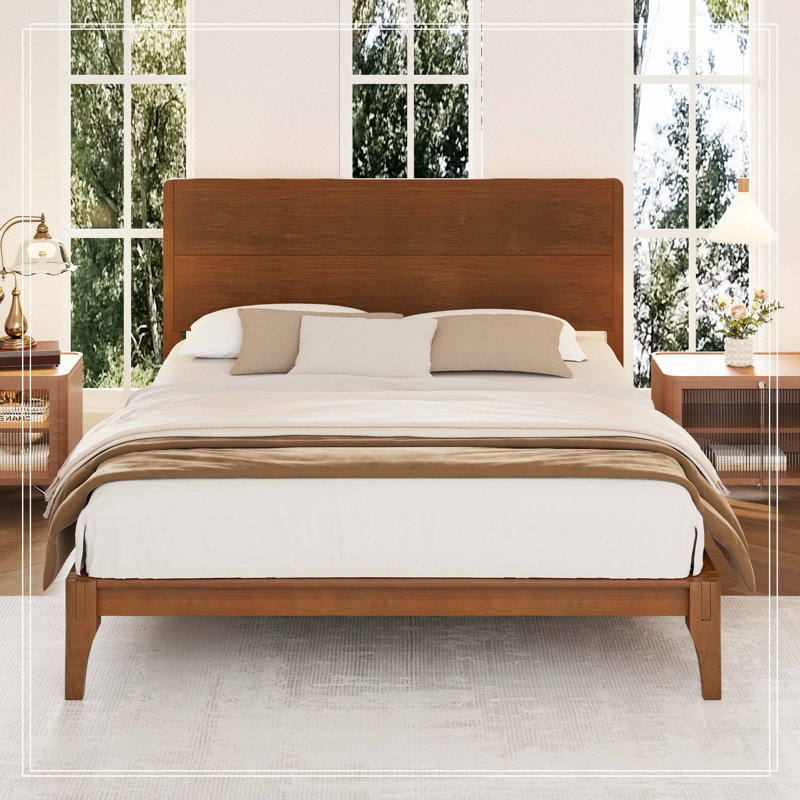 Grand lit plateforme Mid-Century moderne en bois de bambou de 12 pouces avec support en métal à lattes de bois, aucun sommier requis, assemblage facile