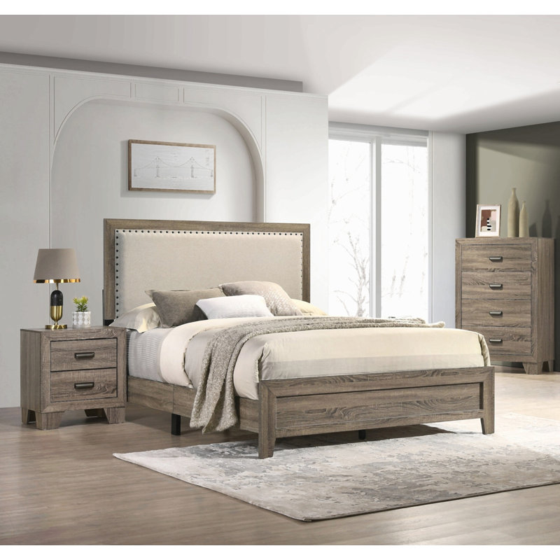 Mobilier de chambre à coucher en bois avec tête de lit cloutée et capitonnée, Grand lit