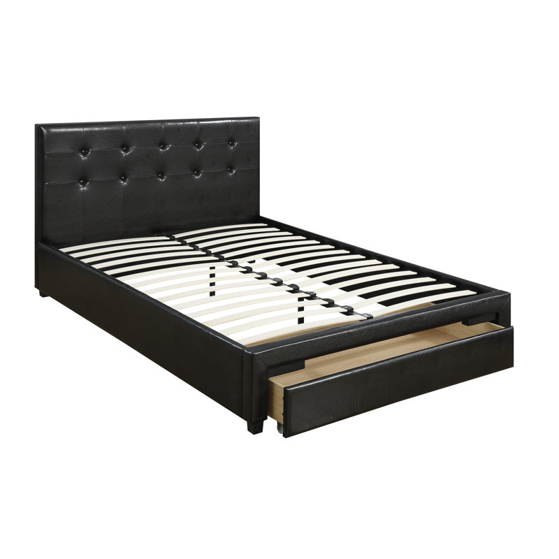 Lit plateforme tapissier capitonné à profil bas avec rangement Aiydan, Noir, Double