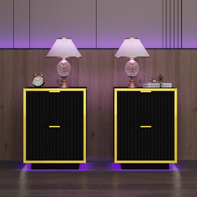 Modern Led End Table, 18 Inch  Night Stand with 2 Fluted Drawers and Golden Handles(Set of 2)