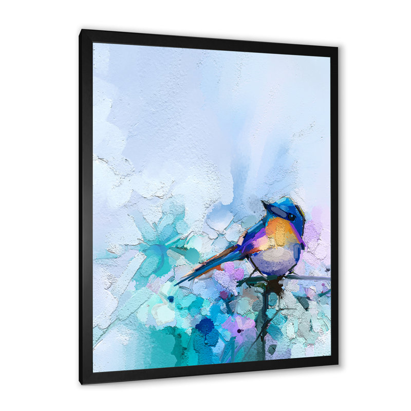 «Paintbrush Orange and Turquoise Bird V», reproduction d'art moderne et contemporaine sur toile, Cadre photo noir