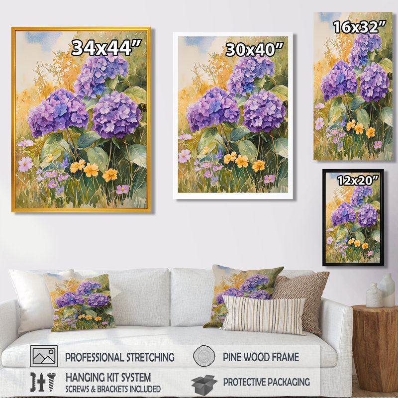 «Country Side Hydrangeas And Wildflowers I - Hydrangea», art mural encadré, Brun, H 32 po x l 24 po