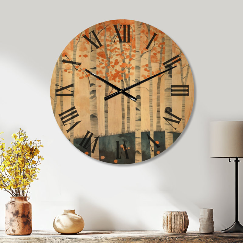 Bouleaux au crépuscule - Horloge murale rustique orange, imprimée sur bois, Medium