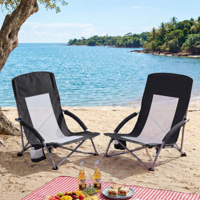 Set Of 2 Low Profile Outdoor Portable Lightweight Camp Chair With Cup Holder, Folding Beach Chairs With Breathable Mesh, Compact For Backpacking, For Patio, Poolside & Camping
