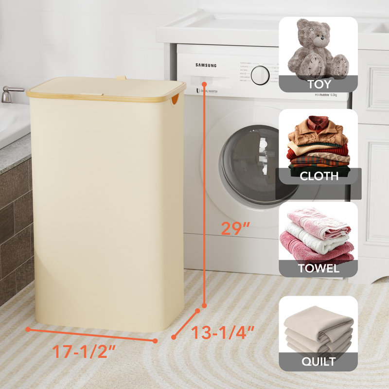 Beige Collapsible Upright Laundry Hamper with Bamboo Handles and Lid