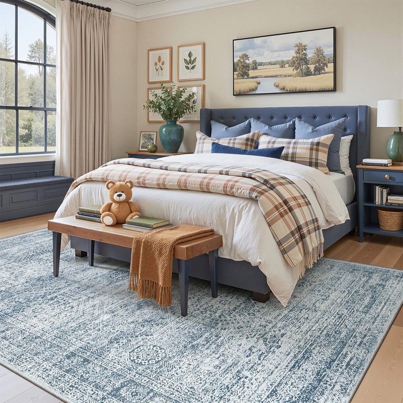 Tapis persan lavable délavé, Bleu, Rectangle 6 pi x 9 pi