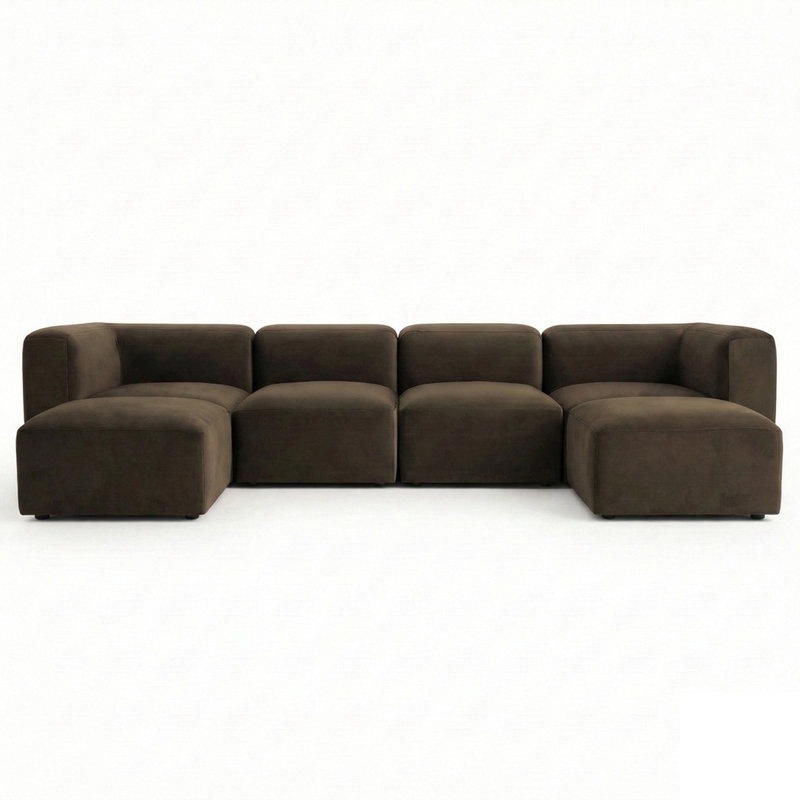 Canapé d'angle modulaire surdimensionné en forme de U, assise profonde, revêtement en velours performant et deux poufs