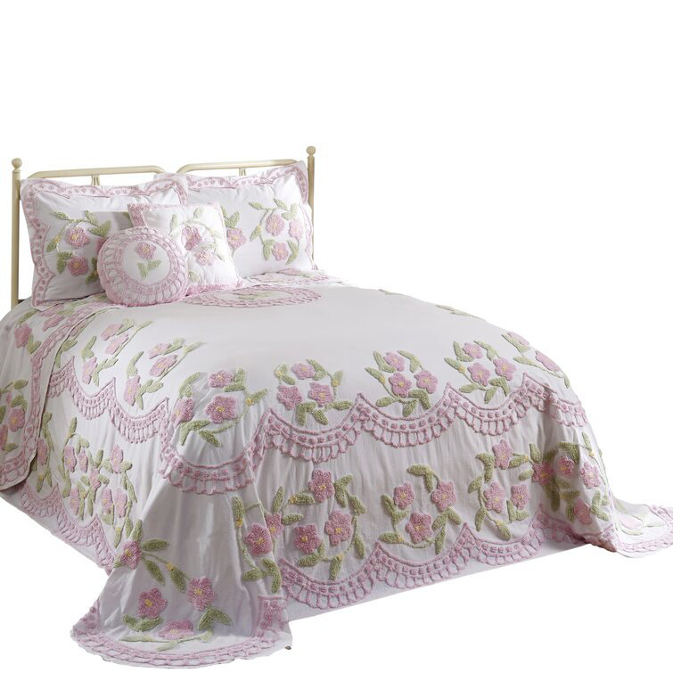 Lavender Floral Cotton Chenille Tufted Twin Bedspread