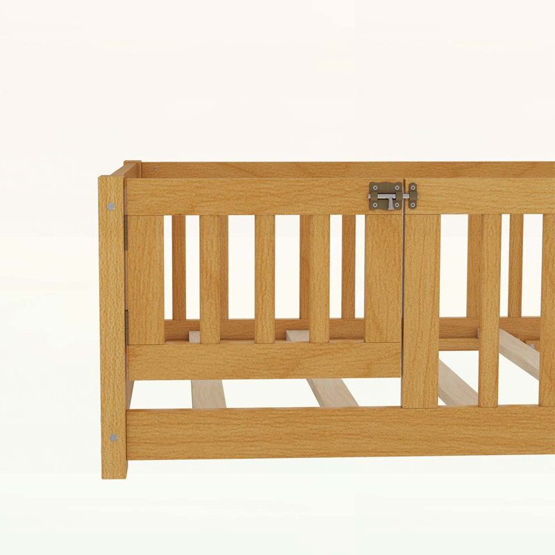 Floor Bed with Safety Guardrails,Door,and Low Profile Design, Natural, Twin
