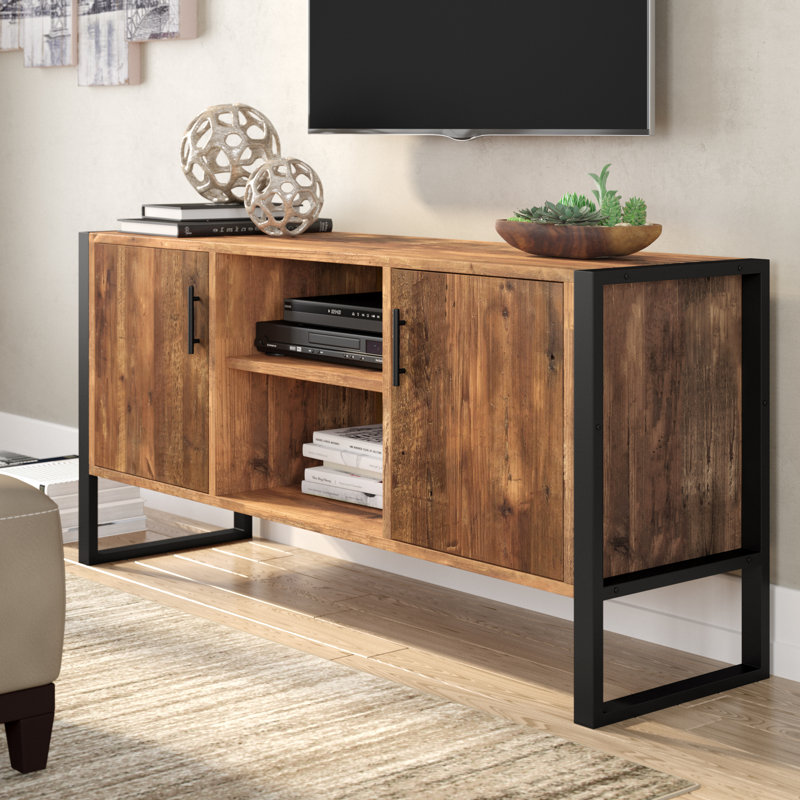 Console multimédia à 2 portes et 2 étagères en bois d'acacia massif de 60 pouces, Mocha