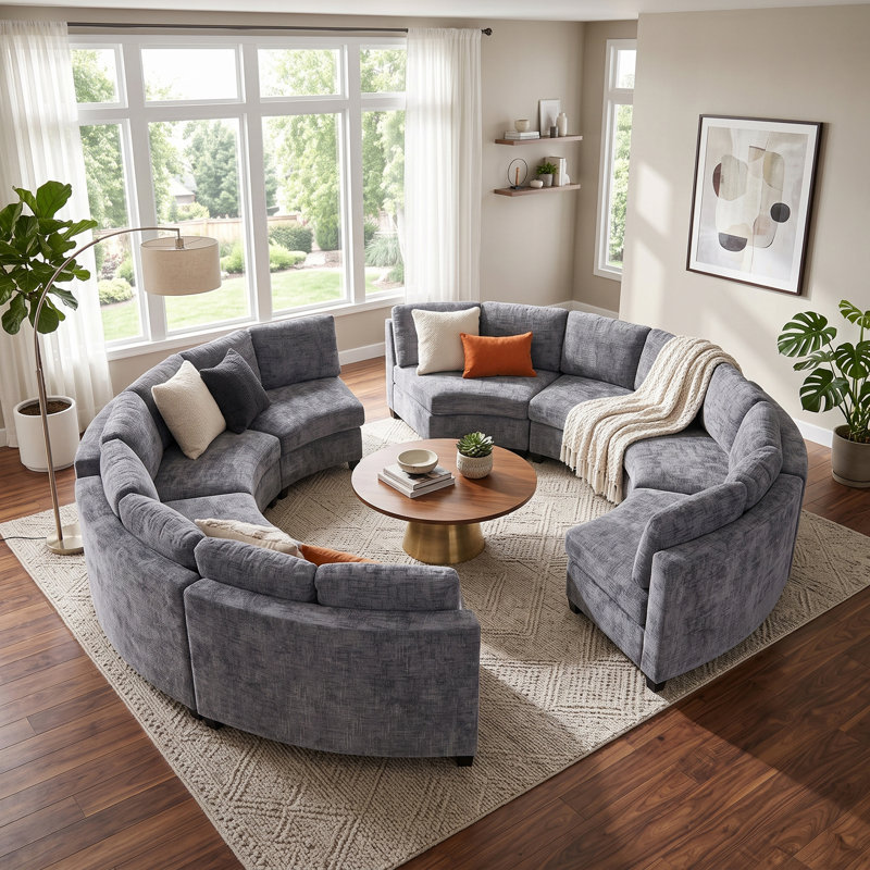 Upholstered Curved Sectional Symmetrical, Gray Chenille