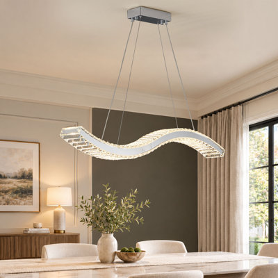 Modern Wave Crystal LED Linear Chandelier, Adjustable Height Kitchen Island Pendant Light for Dining Room