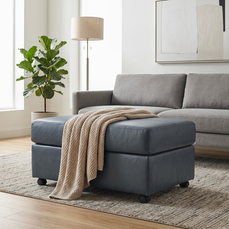 Latitude Run® Caro Leather Upholstered Ottoman, Blue