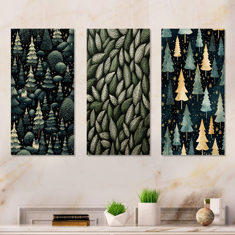 Christmas Pine Tree Pattern I - Tree Pine Metal Wall Art Prints Set Of 3, 28" H x 36" W