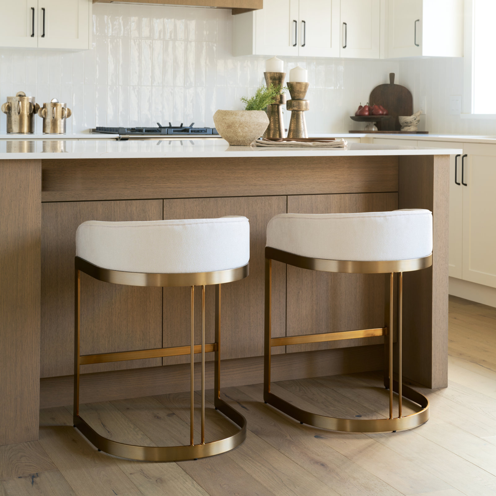 Bradley Upholstered Bar & Counter Stool, Counter Stool (24.75" Seat Height), White Performance, Gold
