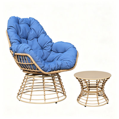 Ensemble de chaises pivotantes d'extérieur 2 pièces avec table d'appoint, méridienne en osier à 360 ° avec coussin, ensemble de conversation toutes saisons pour porche de jardin