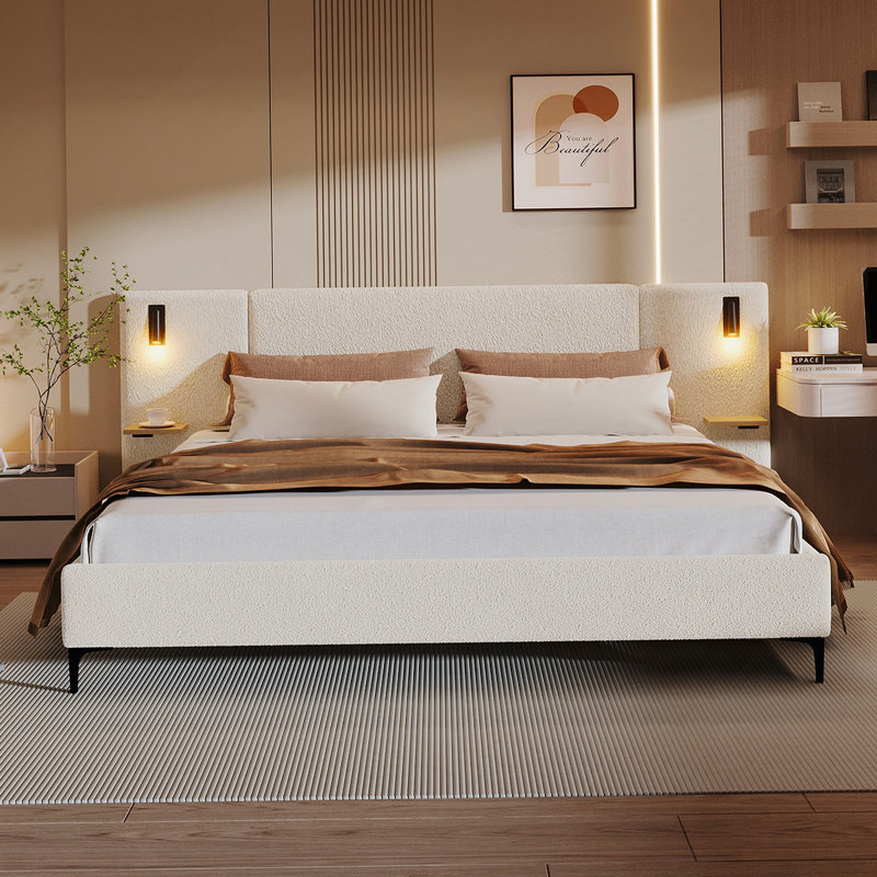 Lit tapissier Kye Boucle avec lumières et tablettes intégrées, Très grand, Blanc