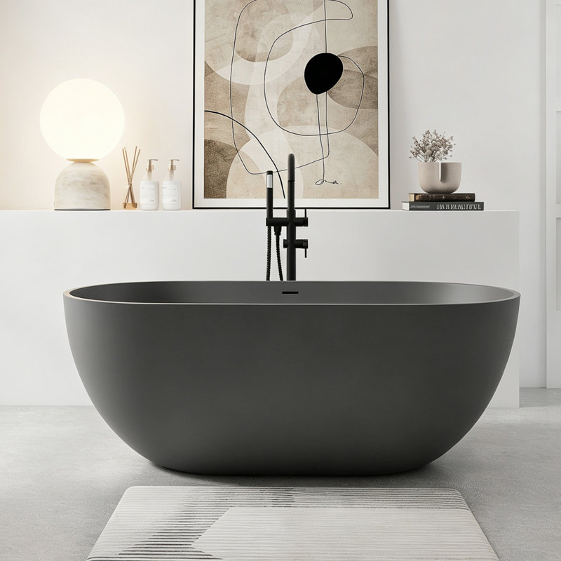 Oval Solid Surface Bathtub, Freestanding Soaking Bathtub, Dark Gray