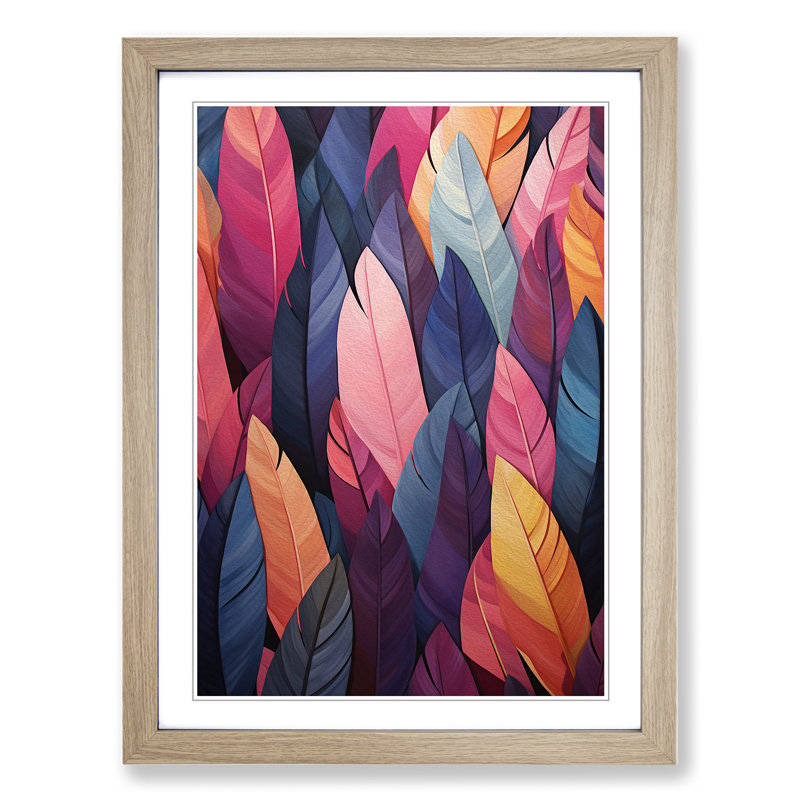 Feather Geometric - Single Picture Frame Print on Wood, Oak, 46cm H x 34cm W x 2cm D