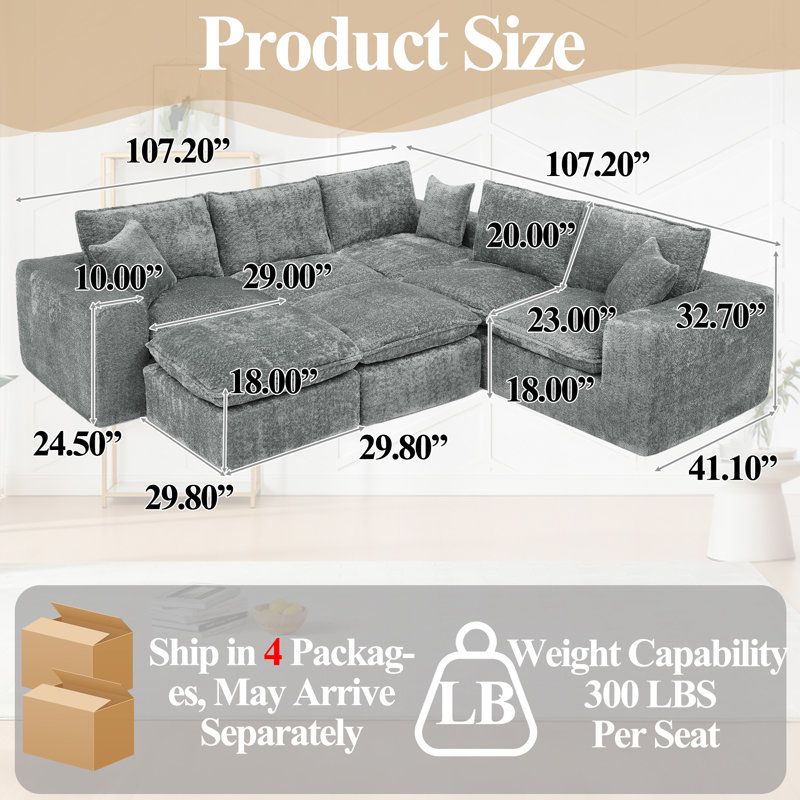 Canapé modulaire surdimensionné avec repose-pieds mobile Masir, Boucle gris