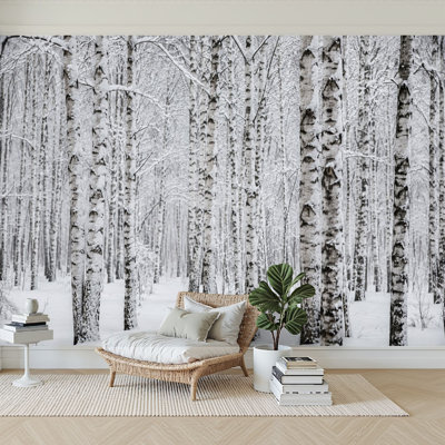 Papier peint adhésif auto-adhésif moderne pour la chambre à coucher - avec bouleaux et neige d'hiver 100 "L x 144" Peel and Stick