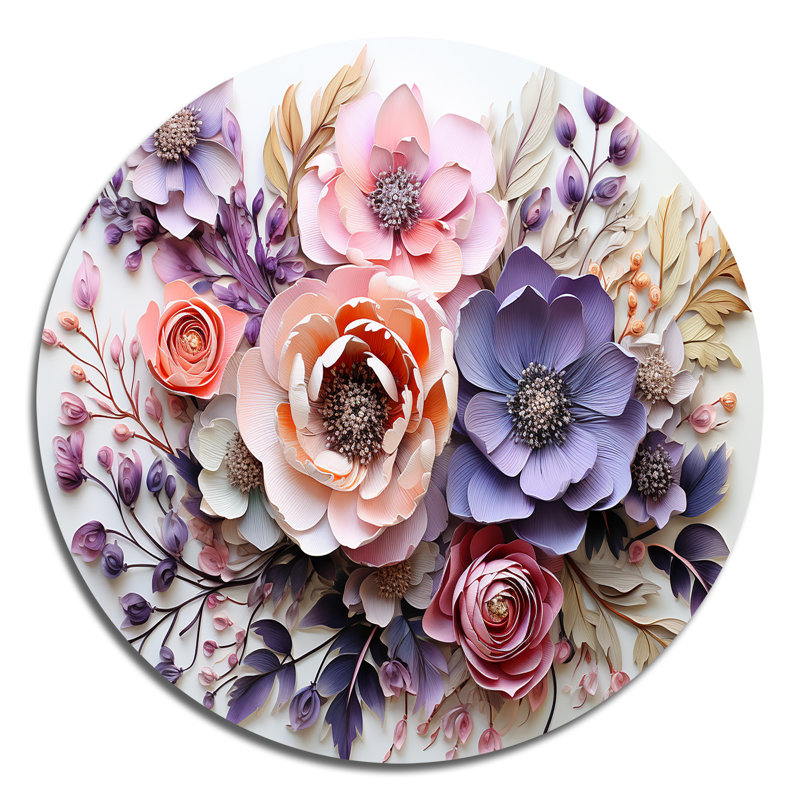 Fleurs délicates, art floral rond en métal, H 16 po x l 16 po x P 1 po