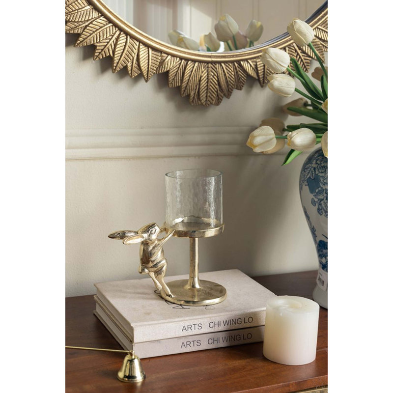 7.9X4 Gold Rabbit Pillar Candle Holder With Clear Glass Hurricane Shade