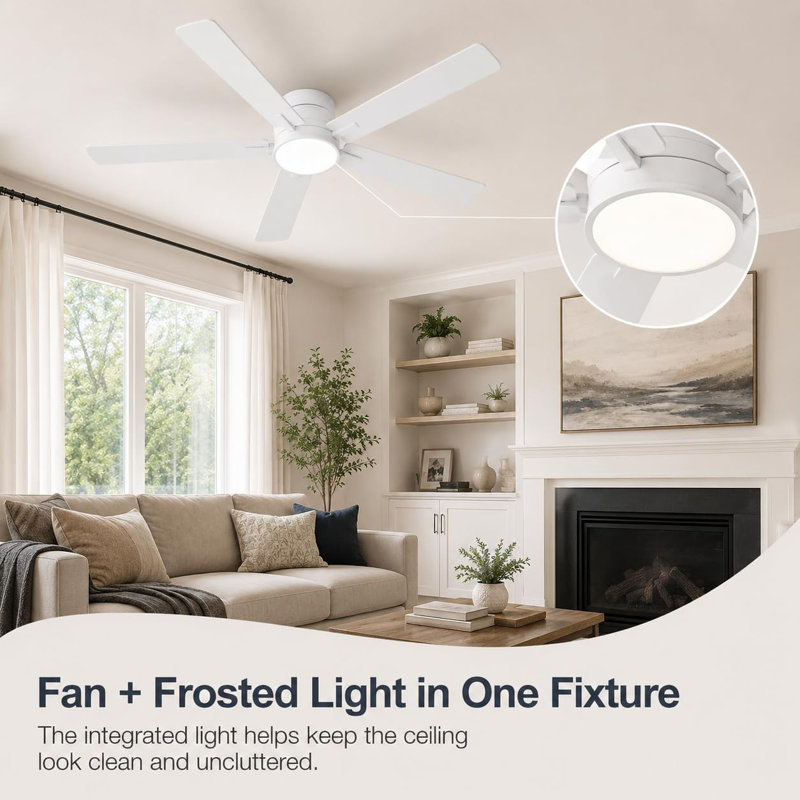 Ventilateur de plafond moderne et discret de 132 cm (52 ​​pouces) avec éclairage et télécommande - Conception simple à installer au ras du sol - Idéal pour la cuisine, la salle à manger, la terrasse, le porche ou le belvédère - Couleur : Blanc