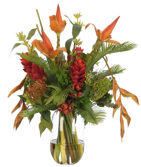 Protea Banana Flower, Green Orange, Glass Vase, 24wx25dx29h