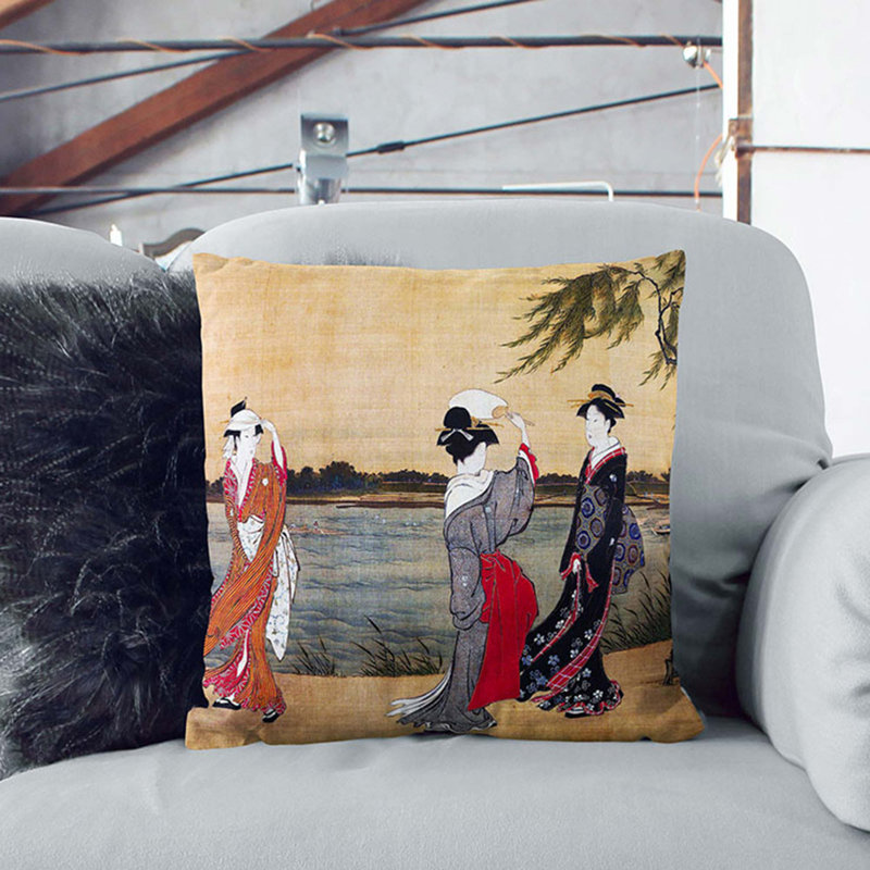 Three Girls on a Riverbank by Torii Kiyonaga Cushion with Filling, 55cm H x 55cm W x 20cm D, Black