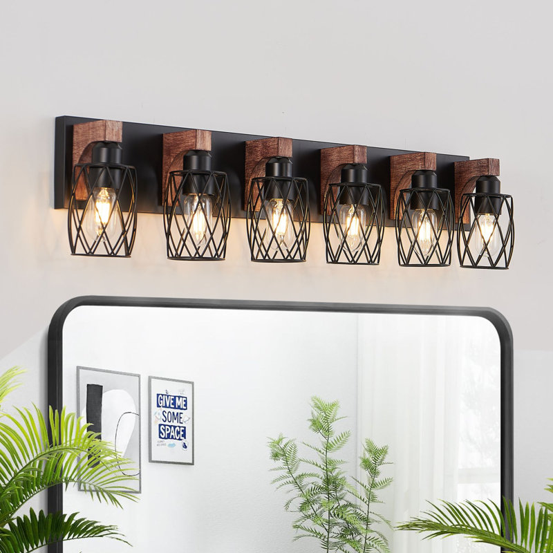 Vintage Walnet Wood  Metal Structure Vanity Light with Black Mesh Shades, 6