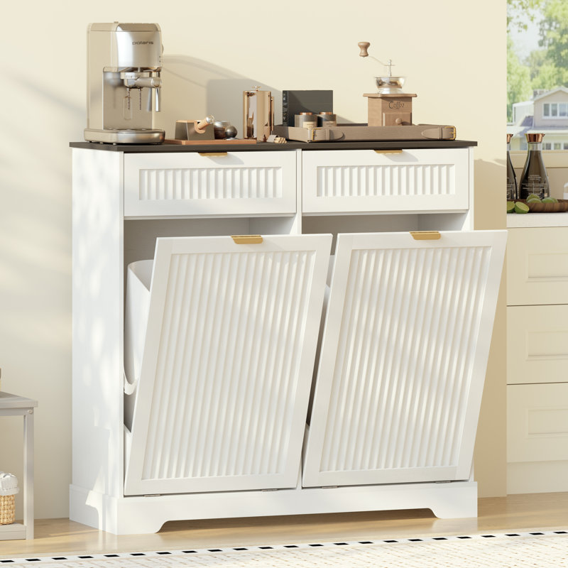 Armoire à poubelle double basculante de 13 gallons avec tiroirs et crochets, 2 x 13 gallons, Blanc