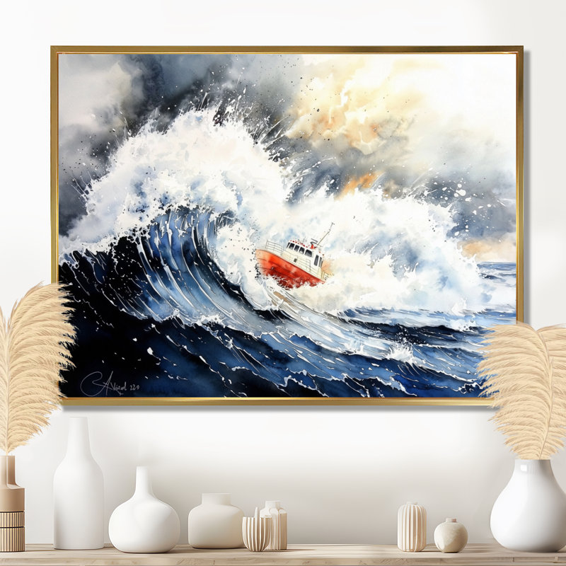 Bateau de pêche, temps orageux I - Impression sur toile, H 12 po x l 20 po, Reproduction avec cadre flottant, Doré