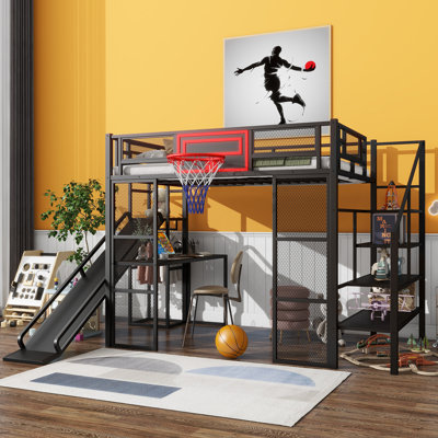 Full Metal Loft Bed With Built-In Desk And Storage