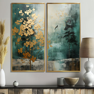 «Golden Emerald Forest», art mural sur toile à spirales abstraites